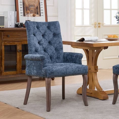 Chaise d’appoint style club bleue chenille avec accoudoirs, pieds bois massif courbés dimensions 69x57x100,5 cm pour salle à manger (1/5)