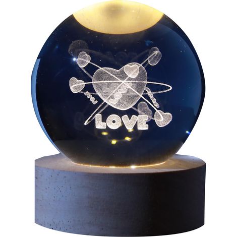 Boule de verre I-Total XL2720 3D avec LED RGB effet au plafond veilleuse pour enfants, lampe de nuit, base en bois, design LOVE