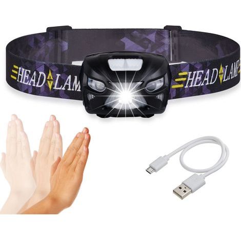 Lampada frontale USB ricaricabile con sensore LED - Impermeabile e comoda - Ideale per corsa, camminata, campeggio, lettura, escursionismo, bambini, fai da te e altro ancora. Cavo USB incluso. Colore (1/5)