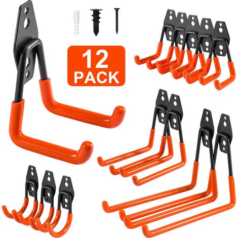 Garage Hooks, 12 Pack Heavy Duty Wall Mount Hooks, 4 Sizes Storage Hooks for Garden Tools, Sports Equipment, Ladder,Garage Organization