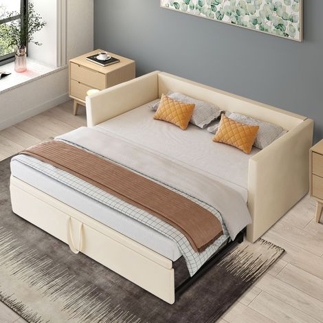 Letto imbottito 2 in 1, divano letto estraibile 90/180200 cm con rete a doghe, letto multifunzionale in tessuto di velluto delicato sulla pelle, grigio/beige, senza materasso (1/5)