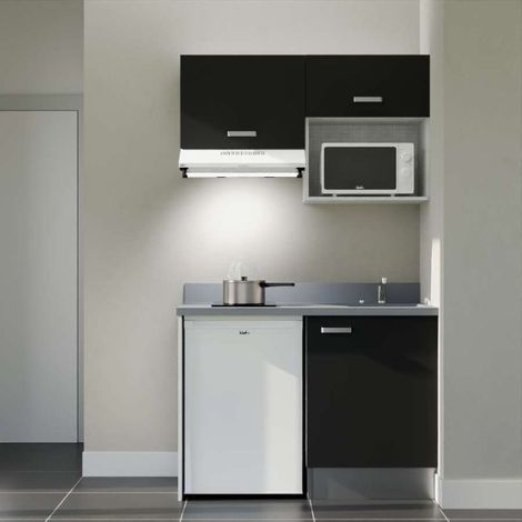 Kitchenette K02L - 120 cm - plan monobloc évier intégré Cromo- évier à droite - Façades Noir + Electroménager inclus coloris Blanc (1/5)