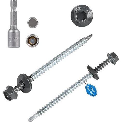Self-Drilling Sheet Metal Screws M4.8 x 80 mm Hexagonal Self-Drilling Head RAL 7016 Grey Painted Self-Drilling Screws with EPDM Washers and Socket Wrench M8 Roofing Screws for (1/3)
