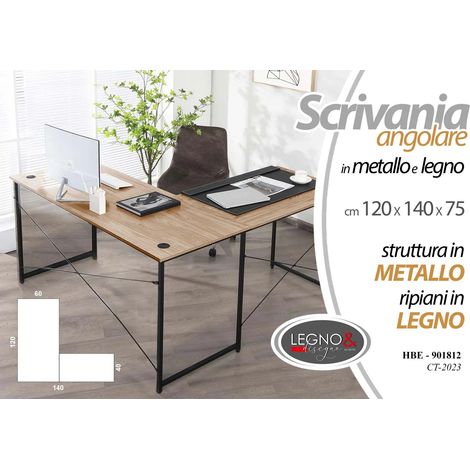 Escritorio angulado de metal 120x140x75 con estantes de madera