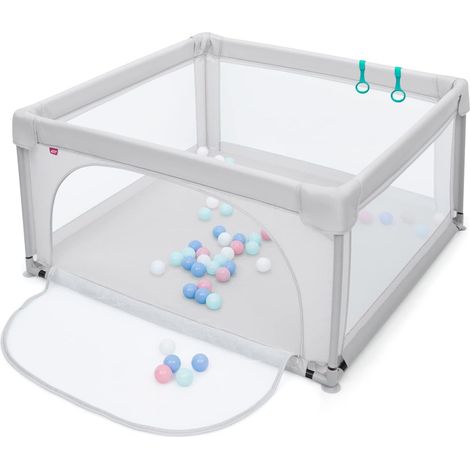 GOPLUS Box per Bambini 120 x 120 x 68 cm, Recinto in Rete con 50 Palline e 2 Anelli per Imparare a Camminare, Ventose Antiscivole, Centro Attività (Grigio Chiaro)