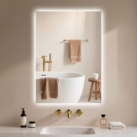 Miroir Salle de Bain 50x60 cm, Miroir Salle de Bain LED avec éclairage, Interrupteur Tactile, Intensité Variable, 3 Couleurs de Lumière, Miroir Mural LED Horizontal/Vertical (1/5)