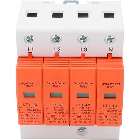 Dispositif de Protection Contre les Surtensions AC 420V 4P Rail De Guidage 20-40Ka IP20 Protecteur de Parafoudre de Tension Module de Protection électronique pour Solaire Photovoltaïque, Alimentation (1/5)