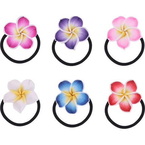 Lot de 6 élastiques à cheveux, fleur frangipanier, caoutchouc noir, doux, pour filles et femmes (1/5)