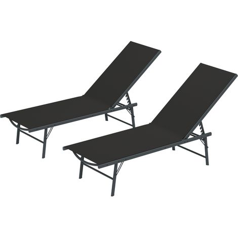 Set aus 2 verstellbaren, klappbaren Textilene-Sonnenliegen für den Garten, 54 x 164 x 84 cm, schwarz