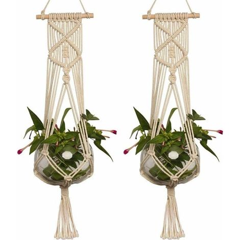 Macrame Plant Hanger Handmade Cotton Rope Planter Set Indoor Outdoor Wall Basket Cotton Rope Flower Pot Holder Wall Decor 2 Pieces