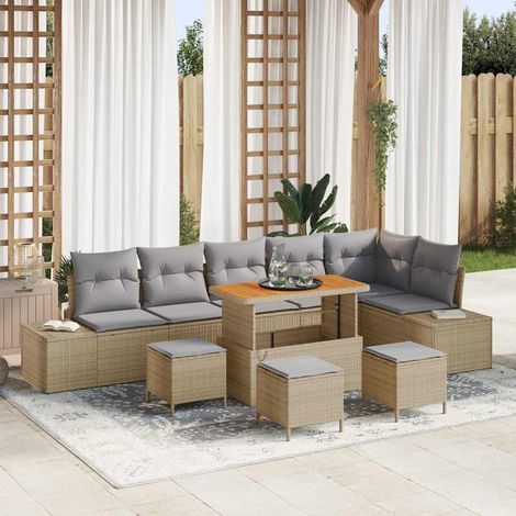 Gartensofa-set mit Kissen mit Speicher 10 pcs Beige Poly Rattan
