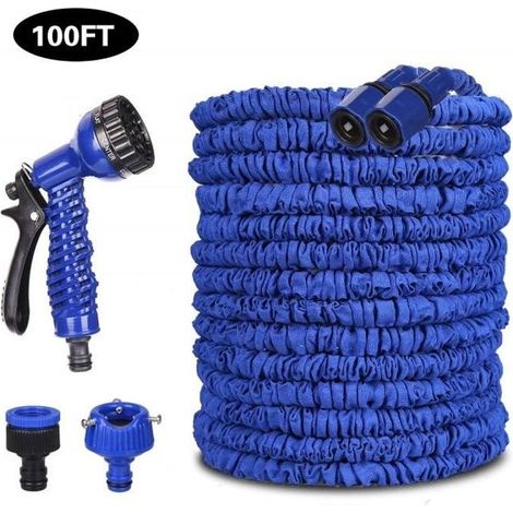 1pcs Tuyau D'arrosage, 30m (100 ft) Flexible Tuyau, D'arrosage Rétractable Tuyau d'eau Extensible avec pour Irrigation(blue) (1/3)