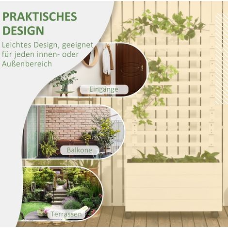 Bac à plantes en bois naturel blanc avec treillis à roulettes 76 x 30 x 155 cm pour jardin (1/5)
