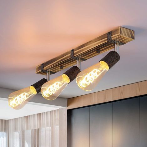 ZMH plafonnier vintage en bois spots de plafond rétro spots de plafond 55CM avec spots réglables, 3xE27, max 25 watts, plafonnier pivotant pour couloir cuisine salle à manger salon bar, sans ampoules