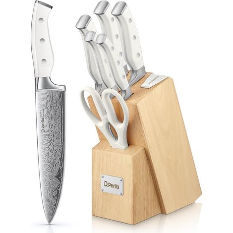 Kitchen Knife, 7 Piece Knife Block with Built-in Sharpener, Beige Wood Block, Scissor Knives, Stainless Steel, White Handle (1/5)