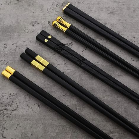 (Noir et Or) 5 paires de couteaux réutilisables de style japonais, en métal, ustensiles de cuisine de style chinois et coréen (1/5)