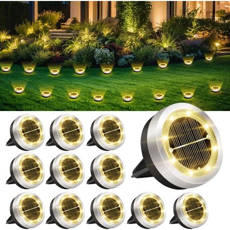 Juego de 12 luces solares de suelo，8 luces LED solares para exteriores，foco solar impermeable para exteriores，entrada de vehículos，blanco cálido (1/5)