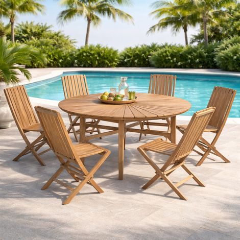 Conjunto de mesa redonda de teca y 6 sillas plegables