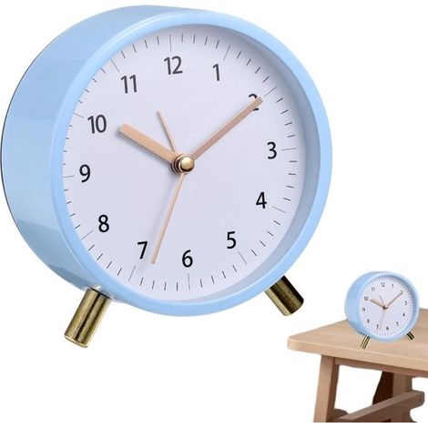 Sveglia al quarzo in metallo, sveglia da viaggio rotonda, adatta alla camera da letto, con semplice funzione di illuminazione, visualizzazione 12/24 ore, 11 cm (blu). (1/5)