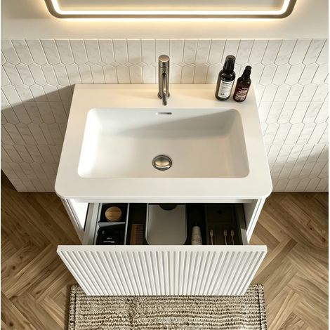 Meuble de salle de bain avec vasque, design rainuré, blanc, mural, 61 x 46,5 x 37 cm OKMYHOME (1/5)