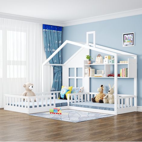 Lit enfant 90x200 cm (140x70 cm) avec fenêtre et cheminée en forme de maison avec étagères, coffre de lit en bois massif du sol au plafond avec grille de sécurité et sommier à lattes, blanc (1/5)