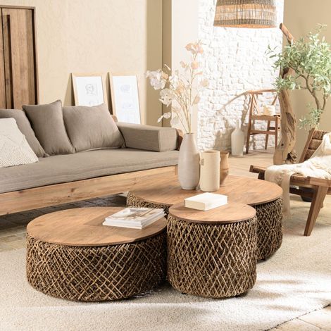 Macabane – Set de 3 tables basses rondes en teck recyclé et fibre de cocotier – Dimensions 47/77/97 cm – Style naturel et moderne – Meuble monté (1/5)