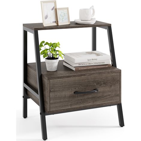 COSTWAY Farmhouse 3-Tier Bedside Table Nightstand w/Drawer & Open Shelf-Gray Oak