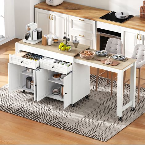 MEUBLIV îlot de cuisine mobile blanc et naturel avec plateau extensible et roulettes (1/5)