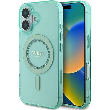 Funda rígida Guess GUHMP16SPFTDTEN para iPhone 16 de 6,1 pulgadas, color verde/verde, con diamantes de imitación IML y MagSafe. (1/5)