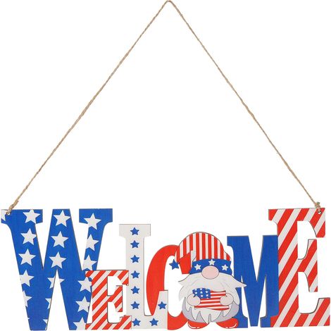 Pancarte en bois décorative pour porte "WELCOME" - Gnome fête nationale suspendu mural, décoration portable pour maison et fête. (1/5)