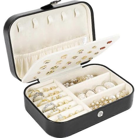 Organisateur de bijoux de voyage à double compartiment, étui portable en cuir PU, petit format, pour femmes et filles, noir (1/5)