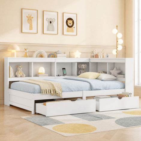Divano letto 90x200 cm bianco in pannello truciolare e MDF con 2 cassetti, presa e 2 porte USB (1/5)