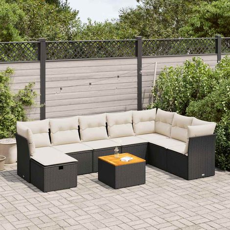 Salon de Jardin 9 Pièces Noir Résine Tressée avec Table Acacia et Coussins Crème - Ensemble Modulaire avec Rangement et Housse Lavable (1/5)