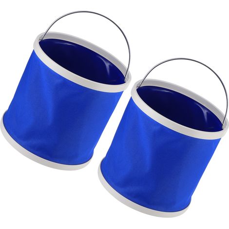Lot de 2 seaux pliables bleus de 9 L, portables et faciles à transporter, idéaux pour le camping et la randonnée.