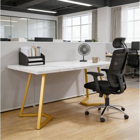 Scrivania per computer, design moderno, multifunzionale, piedi regolabili, metallo e legno, bianco e oro (1/5)