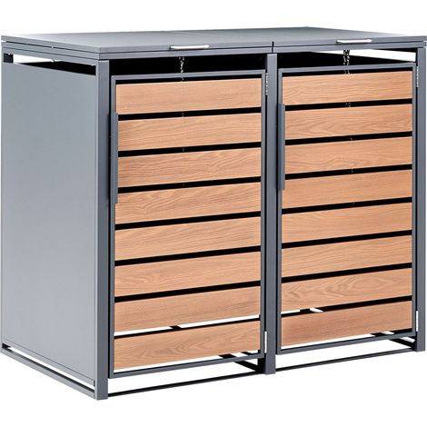 Abri de Poubelle Double en Métal Acier Galvanisé Finition Imitation Bois 480 L Couvercle Ouverture par le Haut Portes Magnétiques Gris Foncé Policoro