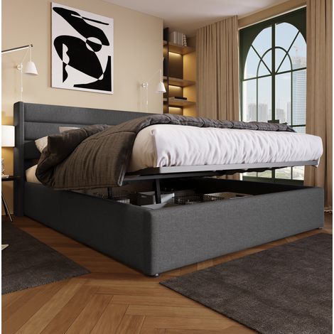 MEUBLIV Lit coffre rembourré hydraulique 160 x 200 cm en lin gris avec tête de lit capitonnée sommier à lattes et cadre en métal (1/5)