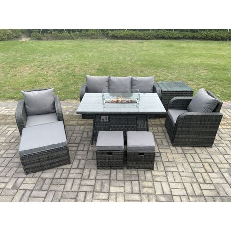 Fimous Polyrattan Gartenmöbel set Gas Feuerstelle Esstisch mit Beistelltisch Sessel 3 Hockern (1/5)