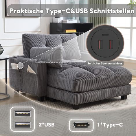 Fauteuil salon/chambre gris rayé duveteux,rampes coussinées,repose-tête,3 porte-gobelets et poche latérale de rangement (1/5)