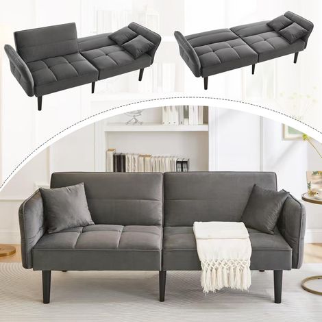 Ce canapé-lit 2 en 1 ajustable comprend un siège double, un revêtement en velours, des accoudoirs rabattables et une fonction couchage, ce qui en fait un choix idéal pour les petits appartements. (1/5)