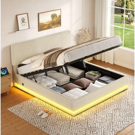 Bett Doppelbett Stauraum 180x200 Cord Beige OKMYHOME (1/3)