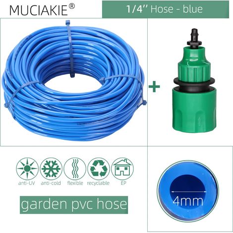 Tuyau d'arrosage bleu de 6,35 mm (1/4 po) et 20 m (65,6 pi) avec raccord rapide pour micro-irrigation goutte à goutte. Tuyau en PVC neuf de 6,35 mm (1/4 po).