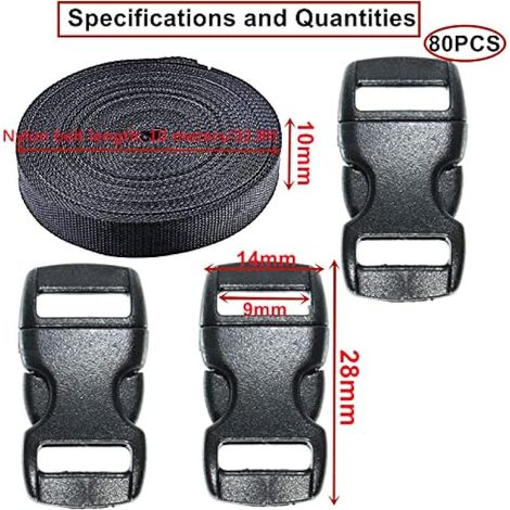 10m Sangle Nylon 10 mm avec 80 Pièces Boucles en Plastiques, Boucle Plastique Noir Clip Fermoir pour Sangle, Accessoires de Sac à Dos, Tente, Sac à Dos Enfant, Collier de Chien (1/5)