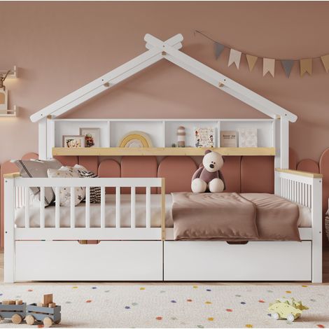 Cama cabaña infantil 140x200 cm de madera blanca y natural con almacenaje -FLORAGRACE (1/5)