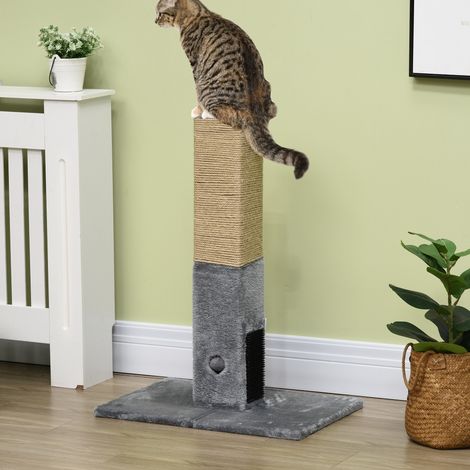 Katzenkratzbaum, Kratzbrett, Ball mit Glöckchen, 2 Pflegebürsten, 59,5 x 39 x 79 cm, beige/grau