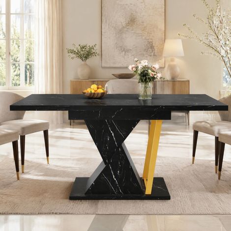 Tavolo da pranzo 110x80x76cm Funzione allungabile fino a 140 cm Piano effetto marmo MDF e metallo Adatto uso quotidiano Nero (1/5)