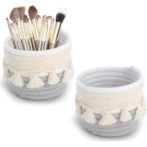 2 cestini in cotone stile boho da 10 x 10 cm, organizer per trucchi e porta pennelli per tavolo da trucco, bagno, ufficio, porta penne e accessori per il trucco con 15 pennelli dorati (1/5)