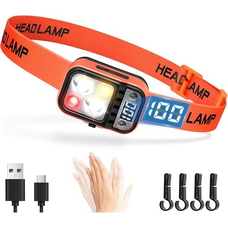 Linterna frontal LED recargable ultra potente DARKBEAM, linterna frontal de doble luz con sensor de movimiento, pantalla digital, luz de advertencia roja, resistente al agua para acampar, correr y tra (1/5)
