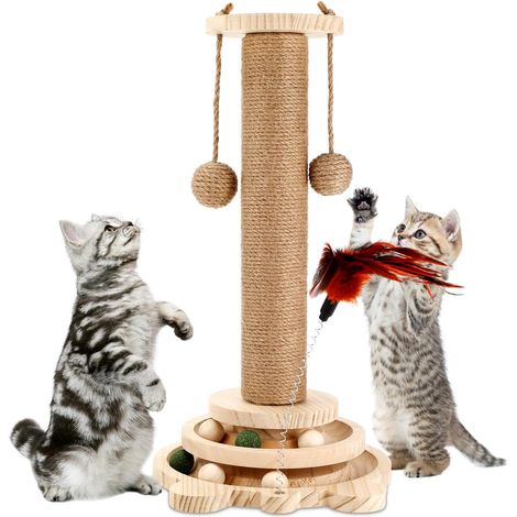 Jouet Interactif pour Chat en Bois, 4 en 1 Jouet pour Chat Jouet Intelligent, Colonne De Griffe D'intérieur, Smart Track Ball Rôle à Bascule Cadeaux Plateau Tournant pour Chats (1/5)