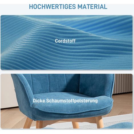 Fauteuil inclinable relax avec repose-pieds, revêtement en velours côtelé bleu, piètement bois, pour salon ou chambre, lot complet (1/4)